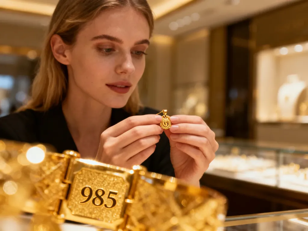 Kobieta trzymająca w dłoniach delikatną złotą biżuterię próby 585 na tle eleganckiego salonu jubilerskiego.