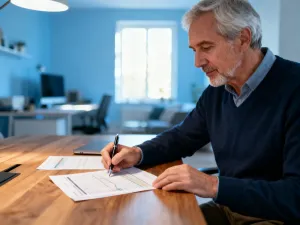 Starszy mężczyzna przy biurku analizuje dokumenty finansowe za pomocą lupy, sprawdzając wysokość świadczeń emerytalnych.