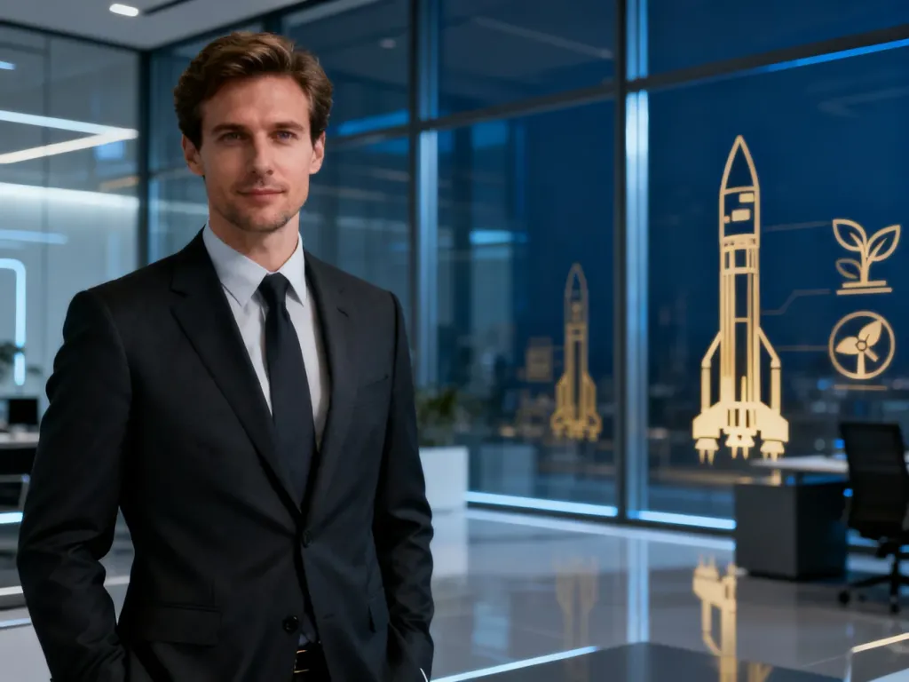 Elon Musk w eleganckim garniturze na tle nowoczesnego biura z widocznymi symbolami rakiet i technologii energetycznych.